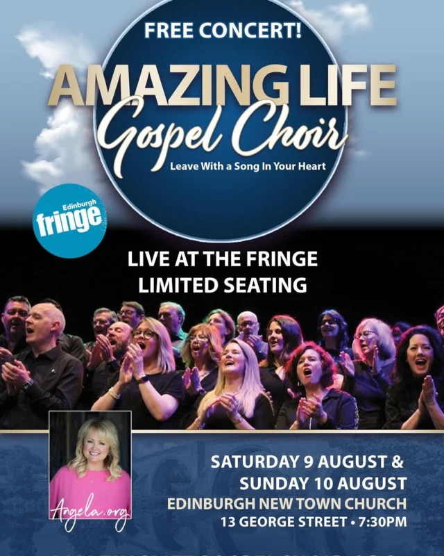 🎶✨ You’re Invited! ✨🎶

Join us for a FREE concert at the World Famous Fringe Festival in Edinburgh! 🎭🎉

🗓️ Dates: Saturday & Sunday, August 9 & 10
🕢 Time: 7:30 PM each night
📍 Location: Edinburgh Newtown Church, 13 George Street, Edinburgh - a beautiful , easily accessible, 18th Century Round Church. 

No tickets needed — just come and enjoy an evening of praise & worship, hymns, and psalms! 🙌🎤🎶
Limited seating so arrive early! 🪑✨

🎉 Let’s fill the church with joy, music, and community! 💖🎶
Please share this with everyone you know — we’d love to pack the place! 

🌟 See you there for a night to remember! 🌟

#EdinburghFestival #FreeConcert #PraiseAndWorship #HymnsAndPsalms #CommunityJoy #FringeFestival #Music 🎶🎉🎈
#amazinglifegospelchoir 
#EdinburghNewTownChurch